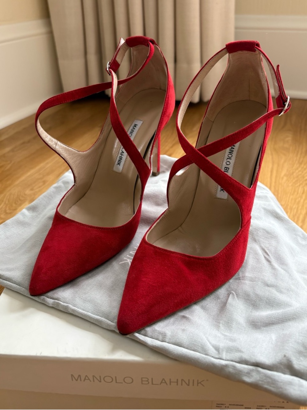 Manolo Blahnik Red Suede Crisscross Pointed-Toe Pumps